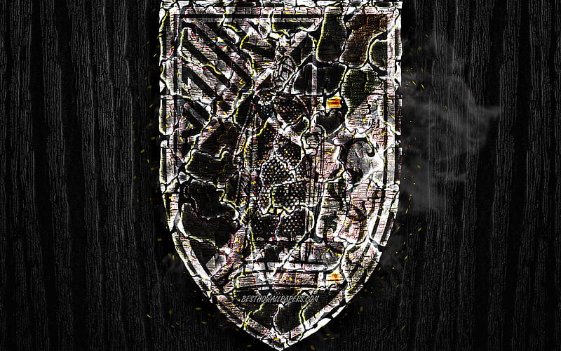 Vitoria Guimaraes SC, scorched logo, Primeira Liga, black wooden background, portuguese football club, Vitoria Guimaraes FC, grunge, football, soccer, Vitoria Guimaraes logo, fire texture, Portugal, HD wallpaper