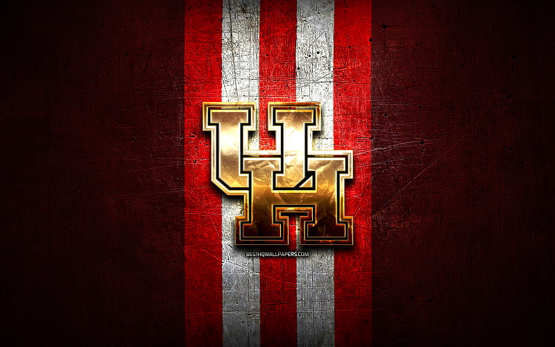 Houston Cougars, golden logo, NCAA, red metal background, american football club, Houston Cougars logo, american football, USA, HD wallpaper