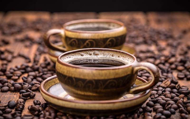 cup of coffee, coffee beans, morning, fragrant coffee, HD wallpaper