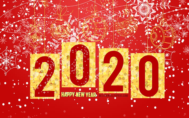 2020 New Year, 2020 Red Christmas background, Happy New Year 2020, 2020 concepts, Red 2020 background, golden christmas balls, HD wallpaper