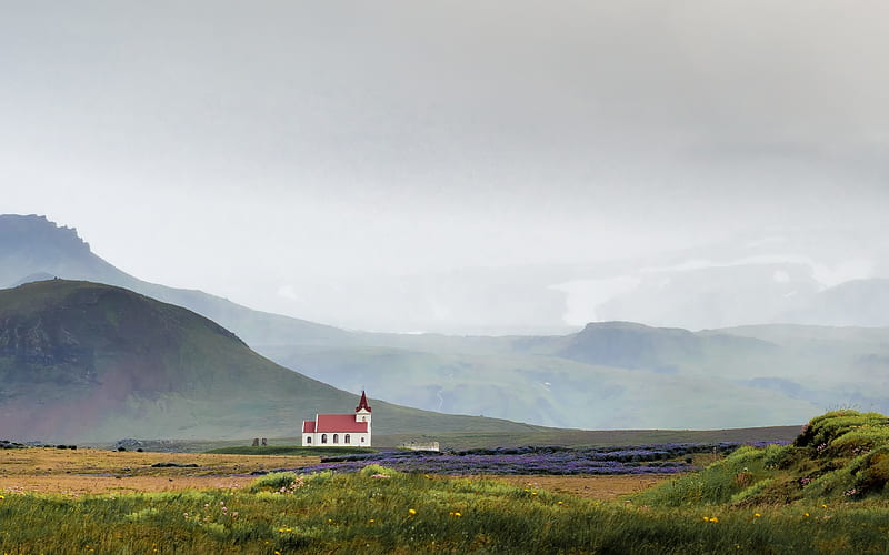 Church in Iceland, fields, church, mountains, Iceland, mist, HD wallpaper