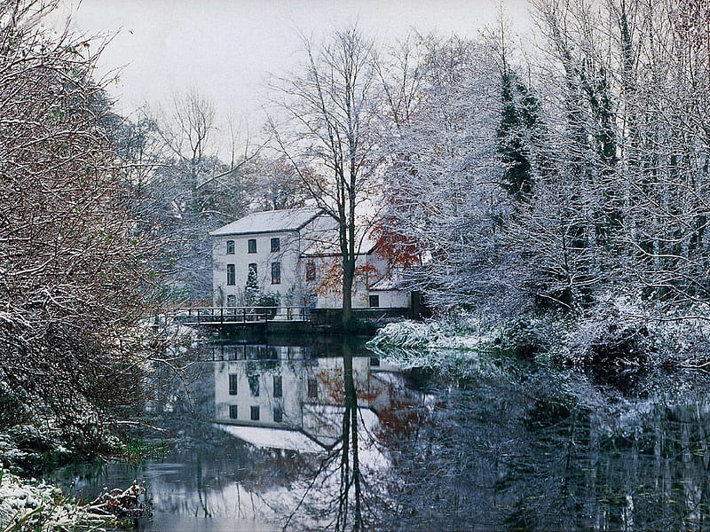 Hideaway, house, snow, river, norfolk, trees, winter, HD wallpaper