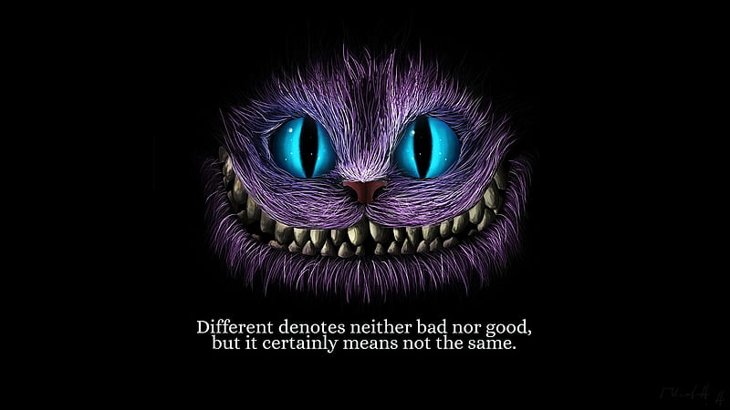 Different, black, cat, card, fantasy, purple, cheshire, quote, eyes, pink, pisica, blue, HD wallpaper
