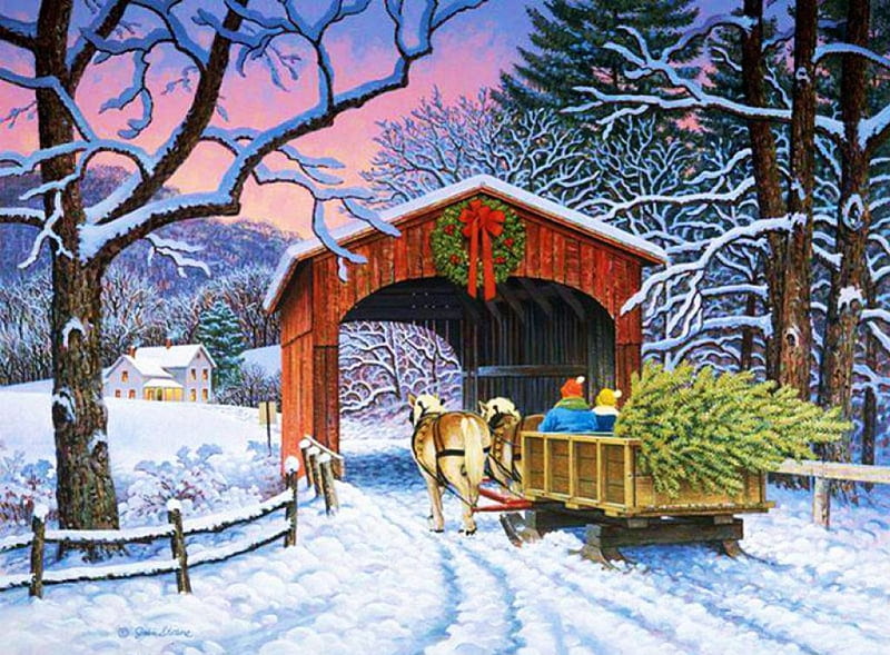 Christmas Traditions, cart, covered, trees, artwork, horses, snow, bridge, painting, road, HD wallpaper