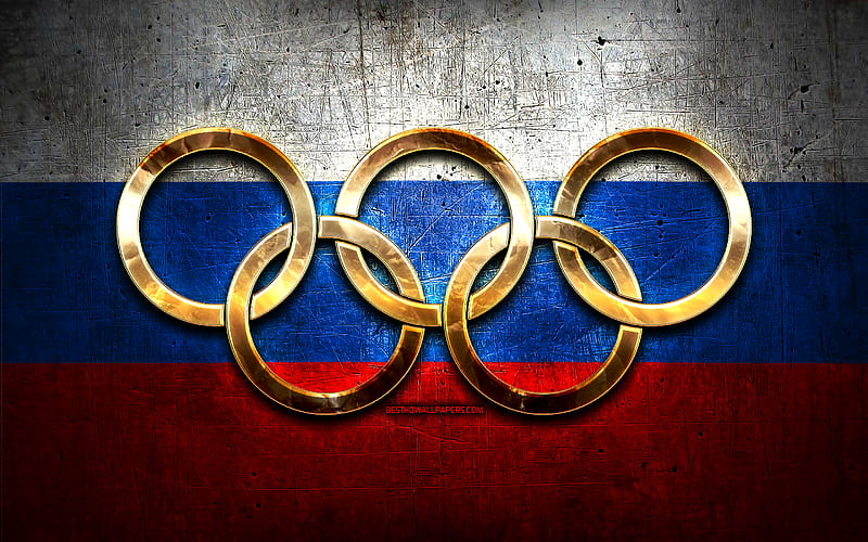 Russian olympic team, golden olympic rings, Russia at the Olympics, creative, Russian flag, metal background, Russia Olympic Team, flag of Russia, HD wallpaper