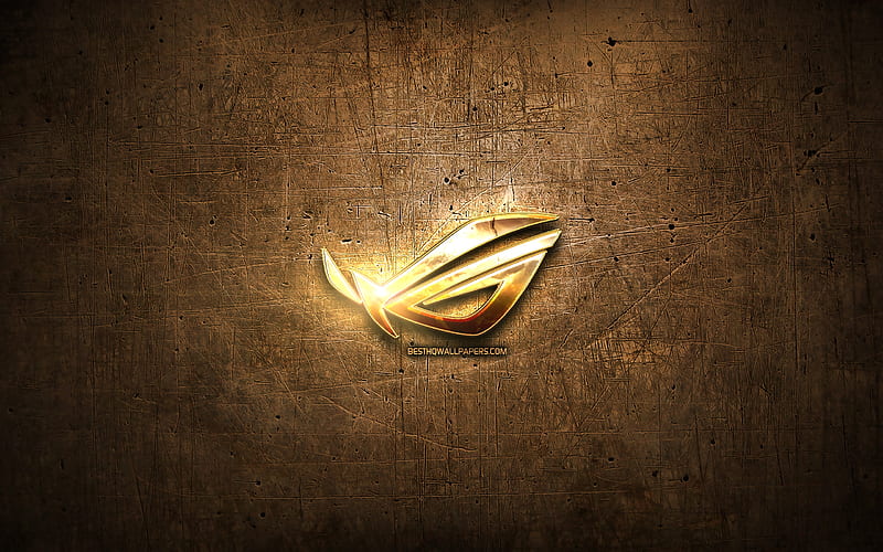 RoG golden logo, creative, Republic Of Gamers, brown metal background, RoG logo, brands, RoG, HD wallpaper