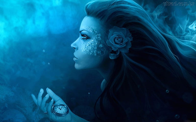 Mermaid, luminos, clock, sirena, fantasy, watch, girl, hand, blue, HD wallpaper