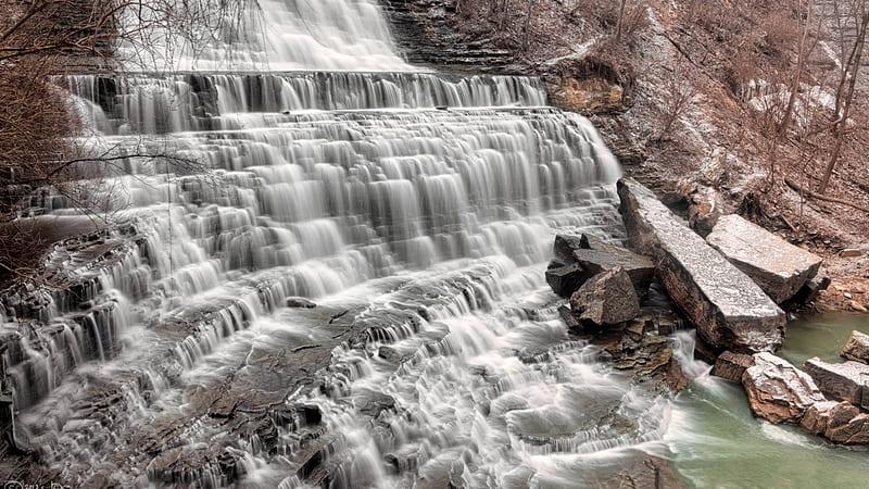 Cascading Albion Falls Canada, Beauty, Rock, Rocks, Cascading Waterfall, Trees, Water Rush, HD wallpaper