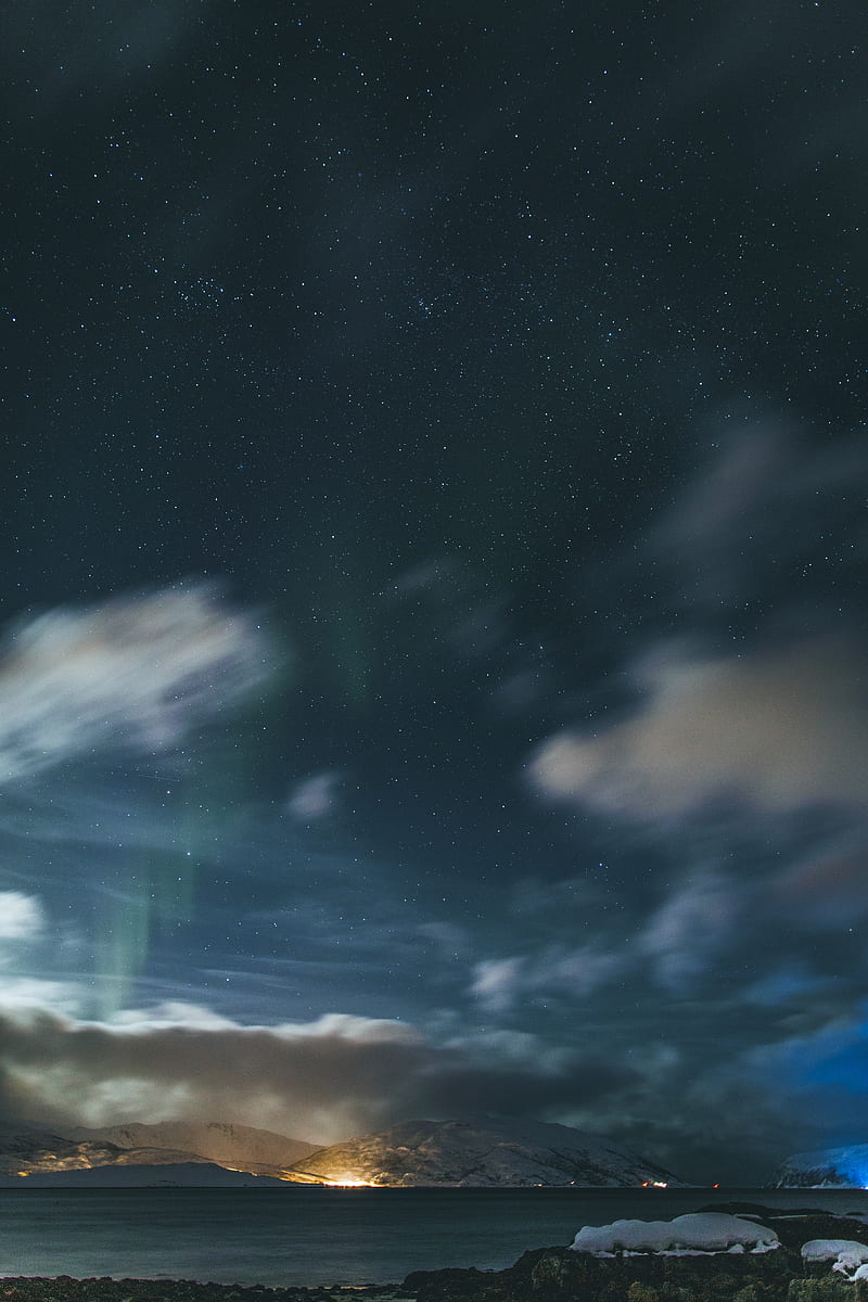 mountains, clouds, starry sky, night, aurora, landscape, HD phone wallpaper