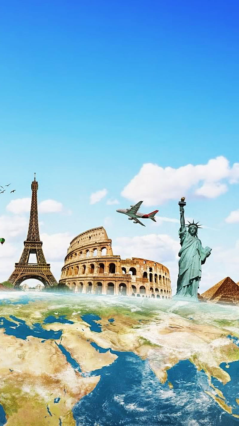 world travel, airplane, bird, earth, italy, liberty, paris, pyramid, statue, tower, HD phone wallpaper