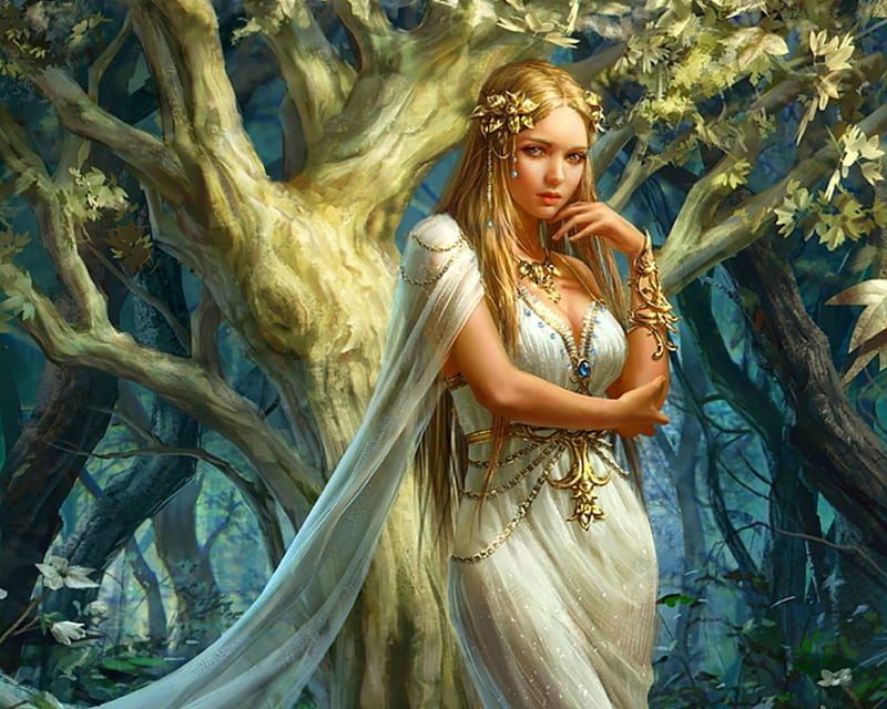 Forest Maiden, forest, art, fantasy, trees, woman, HD wallpaper