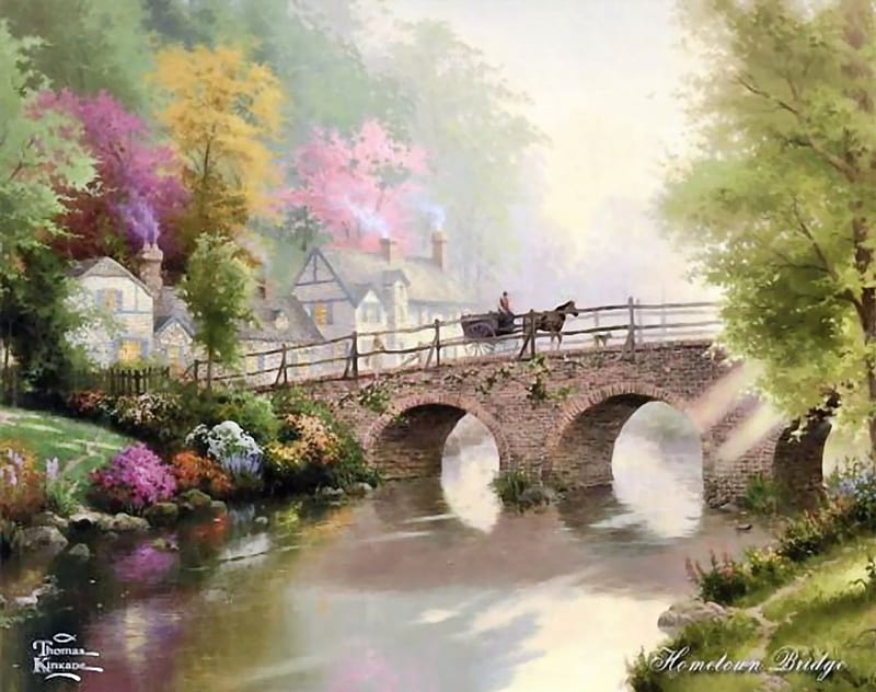 Over the Bridge, stream, art, bridge, buggy, flowers, trees, thomas kinkade, HD wallpaper