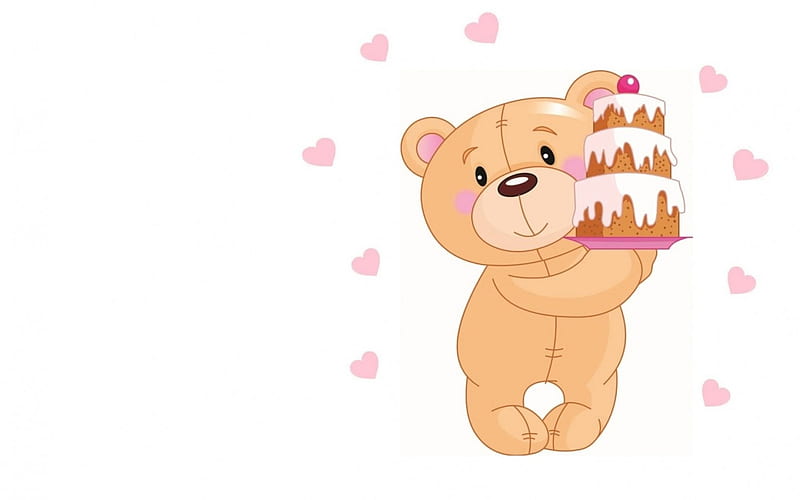 Happy Valentine's Day!, cake, food, valentine, sweet, dessert, card, cute, heart, white, teddy bear, pink, HD wallpaper