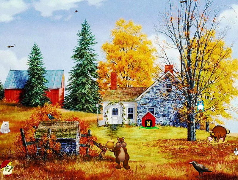 Animal Farm, fall, cow, autumn, squirrel, house, colors, birds, trees, cat, painting, dog, HD wallpaper
