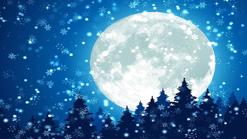 Full Moon on Snowy Night, snowing, full moon, landscapes, snowy night, 3d and cg, trees, abstract, blue, HD wallpaper