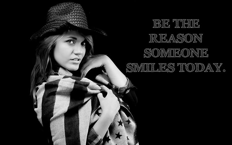 Be The Reason..., stars, text, stripes, cowgirl, black and white, words, blanket, hat, saying, brunette, quote, HD wallpaper