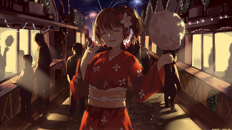 Anime, Girl, Fireworks, Kimono, HD wallpaper