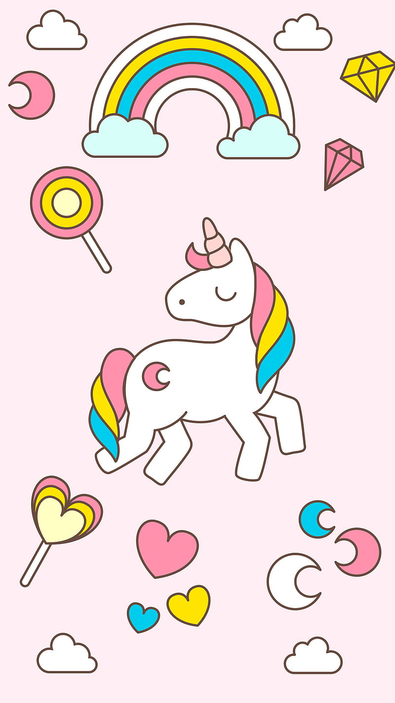 Unicorn, cute, corazones, pastels, rainbows, HD phone wallpaper