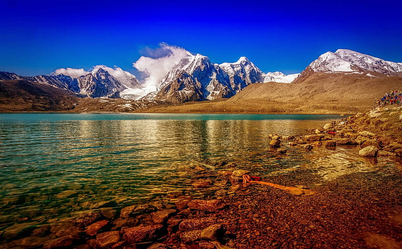 Sacred Lake To 17.500 Feet Height, India, mountains, crystal waters, bonito, clouds, lake, snowy peaks, Himalayas, HD wallpaper