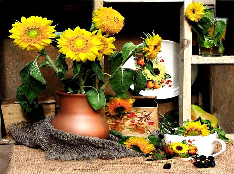 Arrangement with sunflower, fall, sunflowers, flowers, plate, vase, cup, arrangement, nature, HD wallpaper