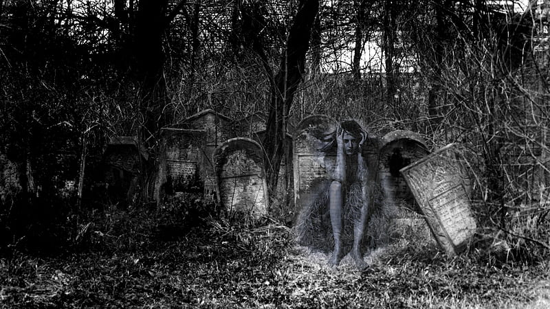 ghost in dispair, tombstone, tree, ghost, cemetary, HD wallpaper