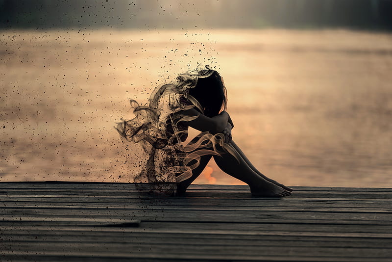 lonely girl, wooden dock, sad, smoke, HD wallpaper