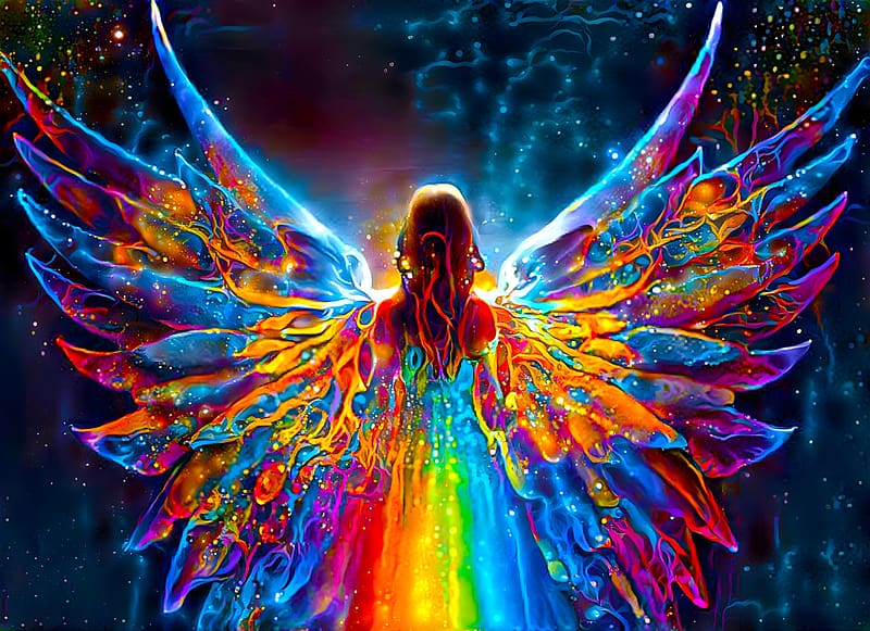 Rainbow Angel, girl, woman, wings, art, , colorfull, beautiful, back, digital, fantasy, rainbow, lamamake, HD wallpaper