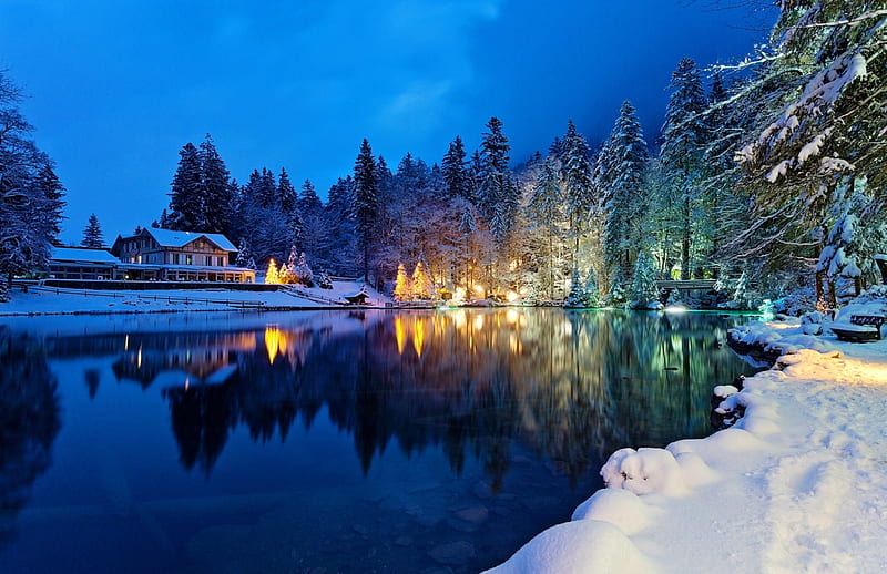Winter Glow, forest, glow, lodge, Kander valley, Switzerland, trees, Winter, lake, HD wallpaper