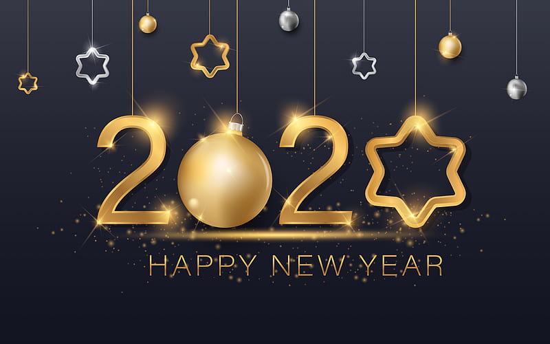 Happy New Year!, craciun, christmas, 2020, golden, black, new year, star, card, HD wallpaper