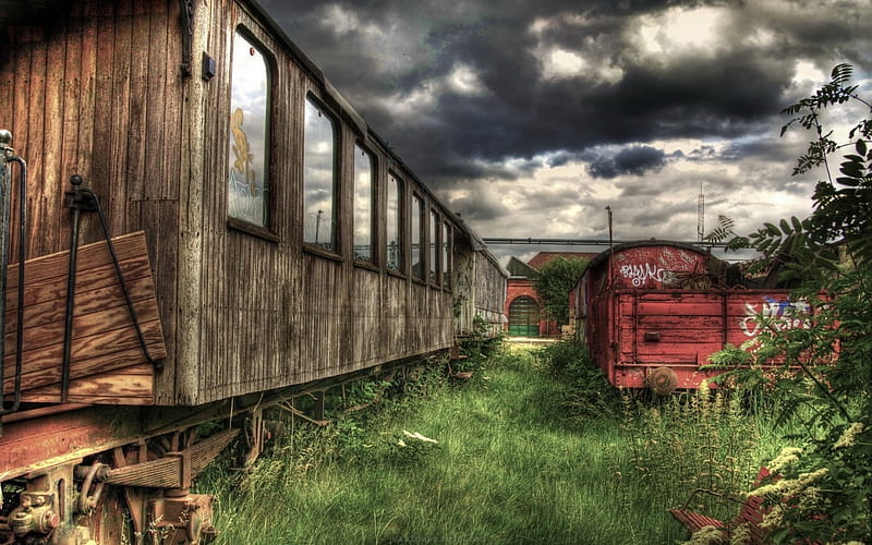 train at the end of the line r, carros, train, grass, r, clouds, HD wallpaper