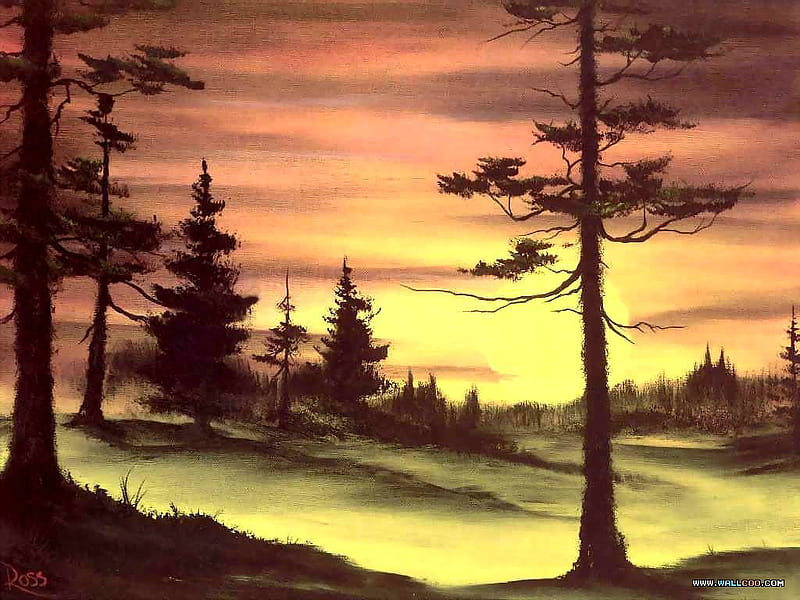 Evergreens at sunset by Bob Ross, art, tree, painting, sunset, bob ross, HD wallpaper