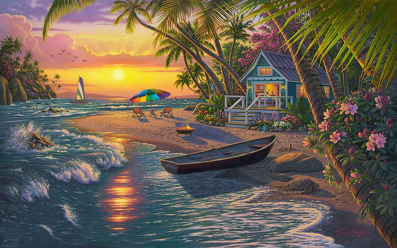 Sunset Beach, chairs, umbrella, flowers, cabin, sea, palms, exotic, artwork, boat, painting, HD wallpaper