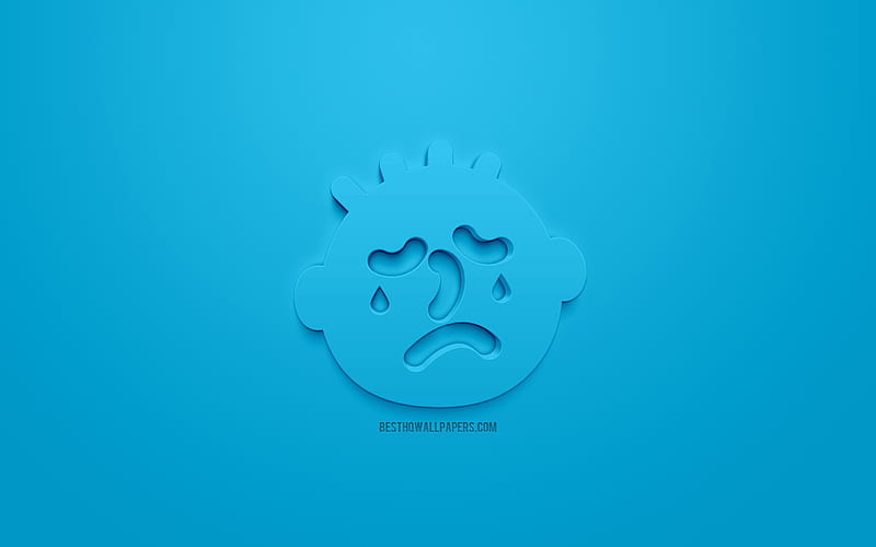 Crying icon, emotions concepts, Crying 3d icons, unhappy face icon, 3d Smiley, mood, 3d smiles, blue background, creative 3d art, emotions 3d icons, Crying emotions icon, HD wallpaper