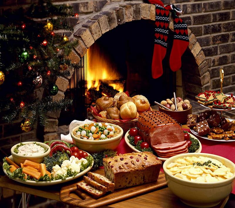 Christmas Feast, christmas tree, fire place, food, stocking, giving, HD wallpaper