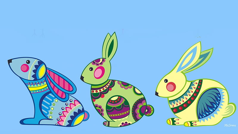 Vector Bright Bunnies, colorful, Easter, decorated, bright, rabbits, spring, bunnies, vector, HD wallpaper