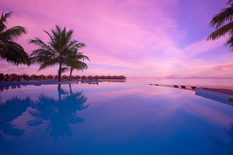 Sunset, Sky, Pink, Horizon, Purple, Tropical, Resort, Pool, Bungalow ...