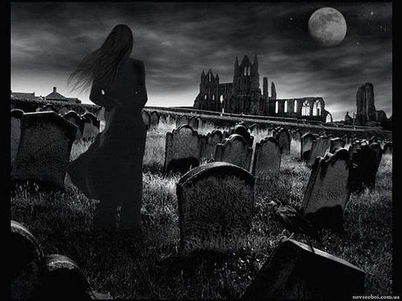 Moonlit cemetry, moon, spooky, cemetery, girl, ruins, tombs, night, HD wallpaper