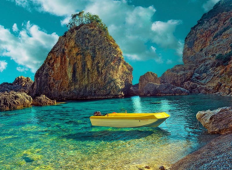 Corfu Island, Greece, rocks, mediterranean, water, stones, boat, sea, HD wallpaper
