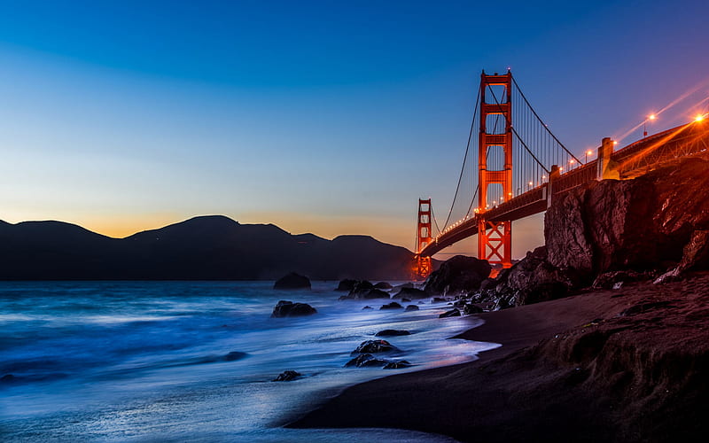 Golden Gate Bridge, San Francisco, evening, sunset, waves, red bridge, San Francisco Bay, USA, HD wallpaper