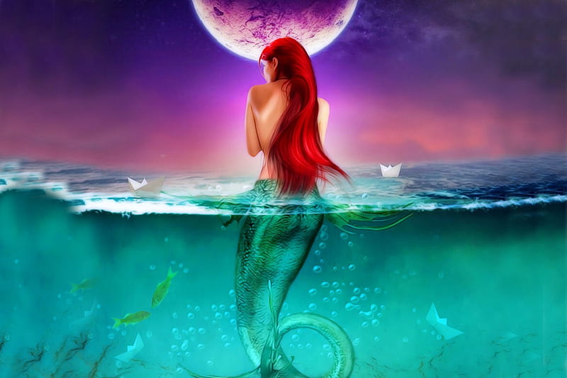 Melancholy Mermaid, pretty, moon, Mermaid, ocean, red hair, HD wallpaper
