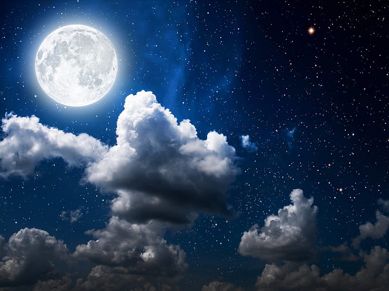 Full moon, cloud, moon, luminos, full, sky, fantasy, moon, summer, white, blue, night, HD wallpaper