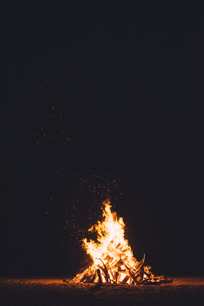 nature, fire, fireplace, night, dark, burning, bonfires, vertical, HD phone wallpaper