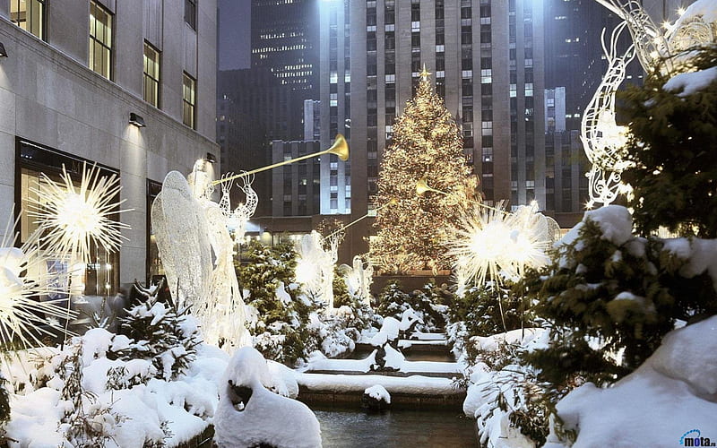 Christmas in New York City, holiday lights, new york, christmas, snow, winter, HD wallpaper