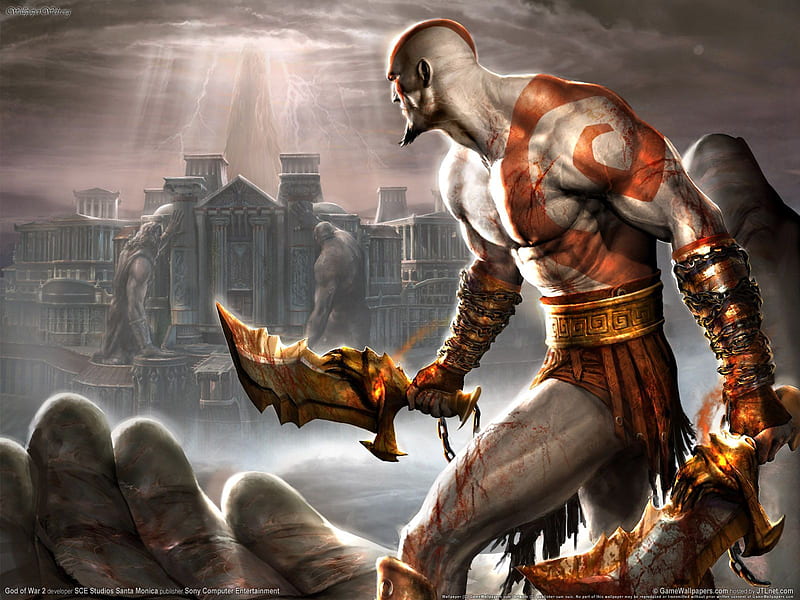 God Of War-Hero, red, stunt, action, fighter, video game, power, god of war, angry, blood, adventure, fire, warrior, weapon, sword, HD wallpaper
