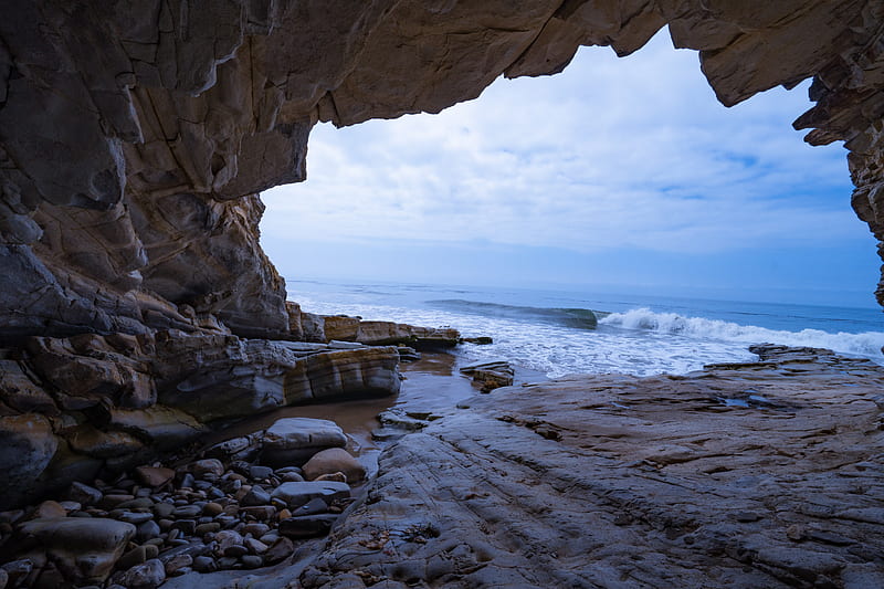 cave, rocks, sea, waves, water, HD wallpaper