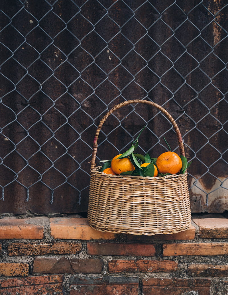 Brown Woven Basket With Fruits on Brown Brick Wall, HD phone wallpaper