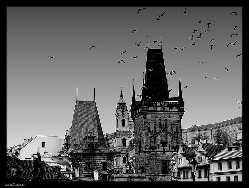 Prague the vampire's city architecture, europe, spooky, gothic, black and white, HD wallpaper