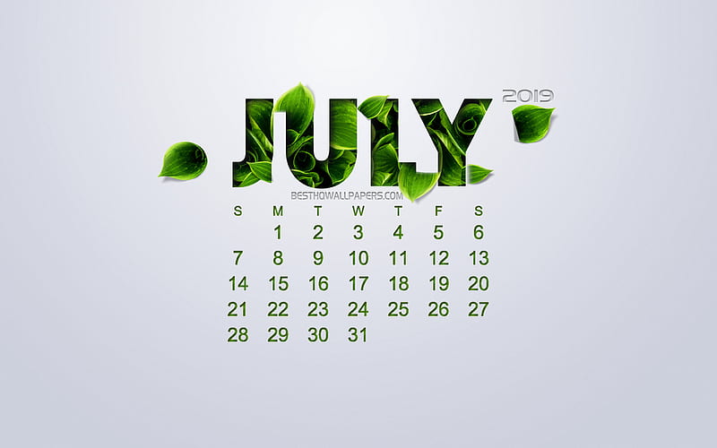 2019 July Calendar, white background, eco calendar, green leaves, vegetable concept, 2019 concepts, calendar for July 2019, creative art, HD wallpaper