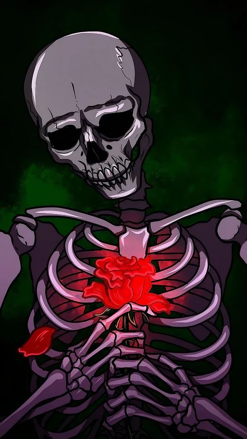 Skeleton Meme, skeleton with red neon rose, neon rose, skeleton, HD phone wallpaper