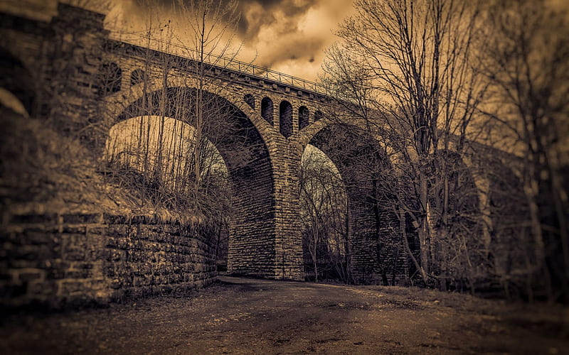 twilight, road, stone bridge, dreary landscape, HD wallpaper